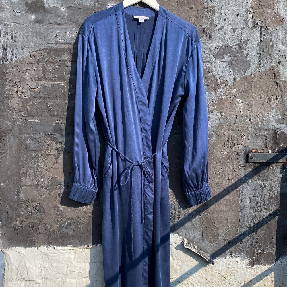 LUNYA Washable Silk Long Full Length Robe L/XL Midnight Navy Blue